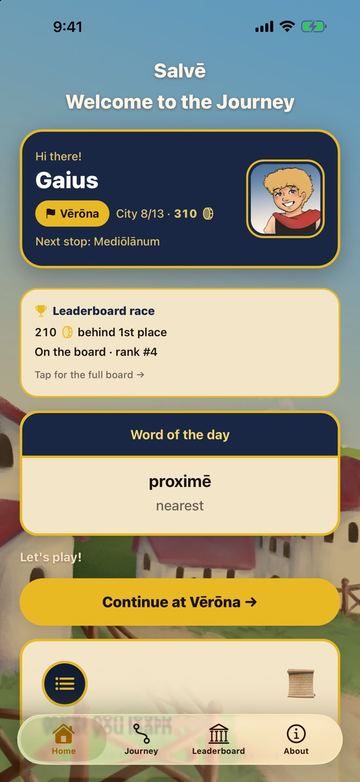 A Latin learning game, the home screen