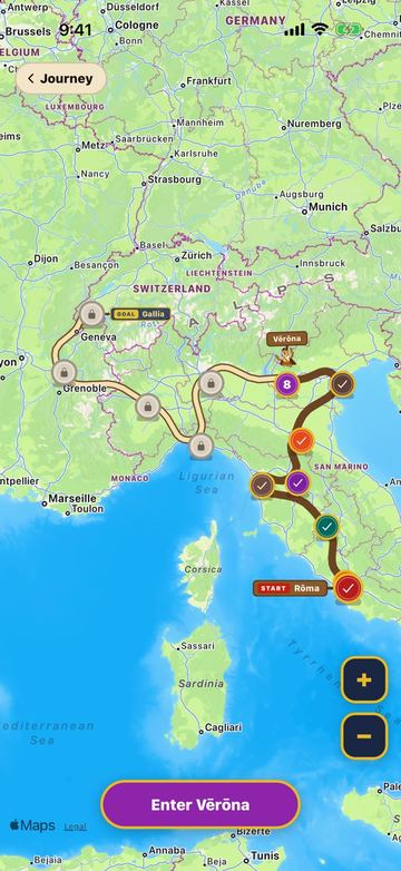 A Latin learning game, the journey map across the Roman world