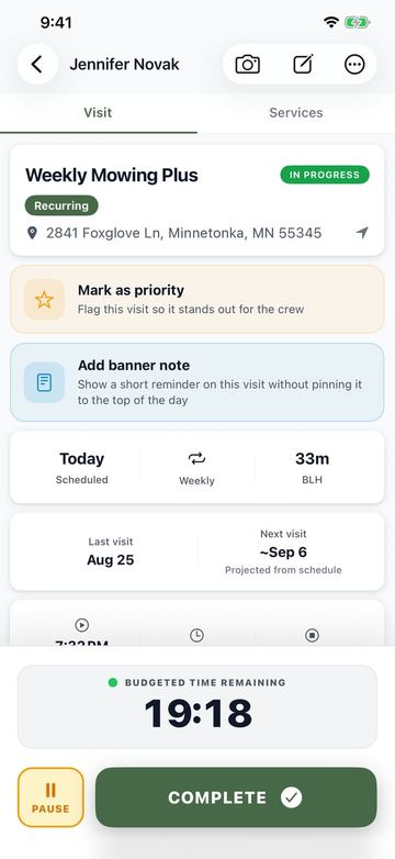 Ruta’s crew app, one visit: the job, its details and the Complete button