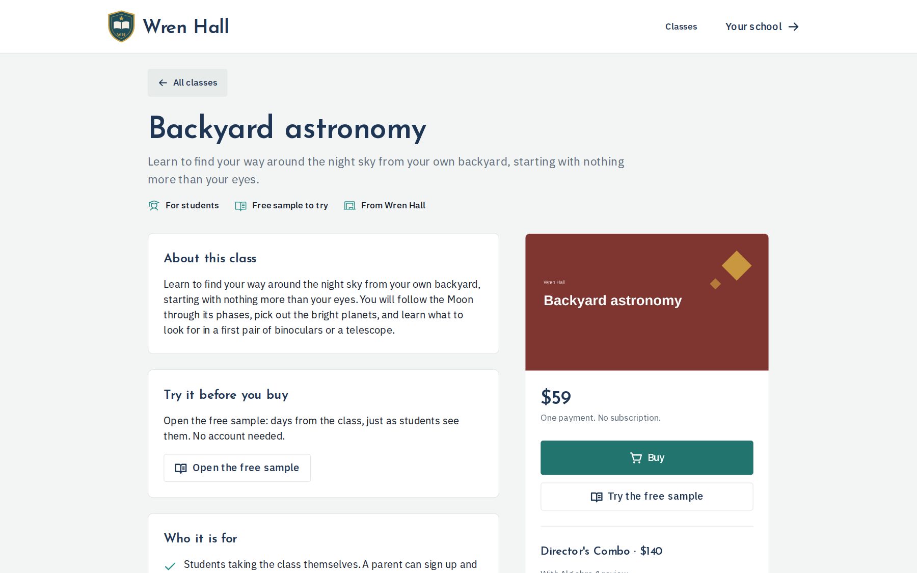 Farzana Classroom, a demo school’s page for its Backyard astronomy class, with a free sample to try